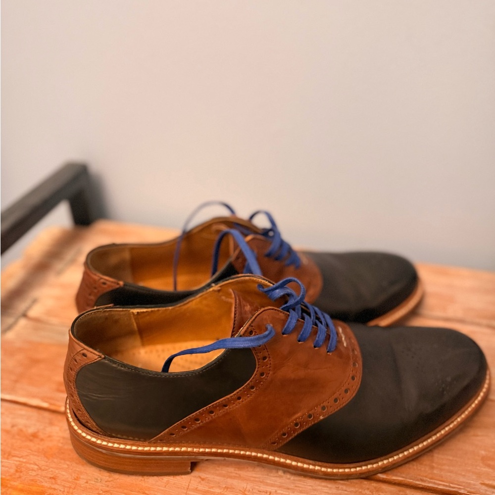 Cole Haan Two-Tone Brown and Black Oxfords with Blue Laces